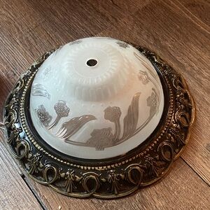 Vintage  Floral Etched Glass Ceiling Light Shade with Ornate Brass Base